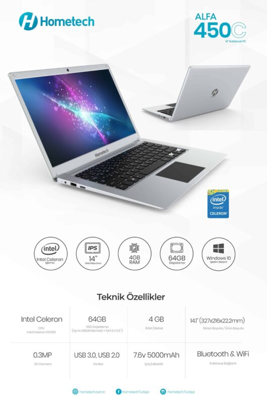 Hometech Alfa 450C SIFIR Celeron N3350 4GB 64GB 14.1” W10 Home - Görsel 7