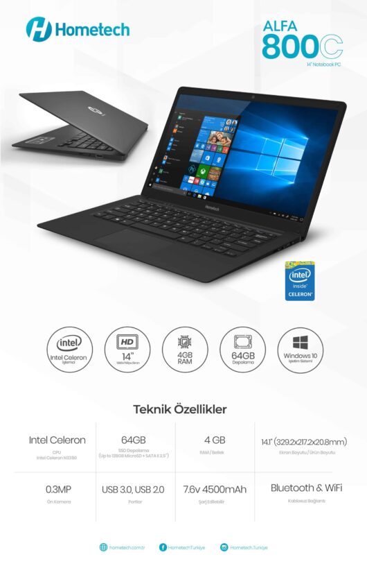 HomeTech Alfa 800C SIFIR Celeron N3350 4GB 64GB eMMC Windows 10 Home 14." - Görsel 6