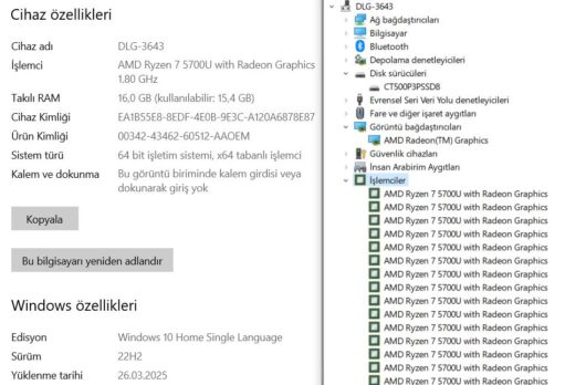 Casper Nirvana X600.5700-BV00X-G-F AMD Ryzen 7 5700U 16GB RAM 500GB SSD W10  AMD Radeon Graphics 15.6” FHD IPS (İKİNCİ EL) - Görsel 5