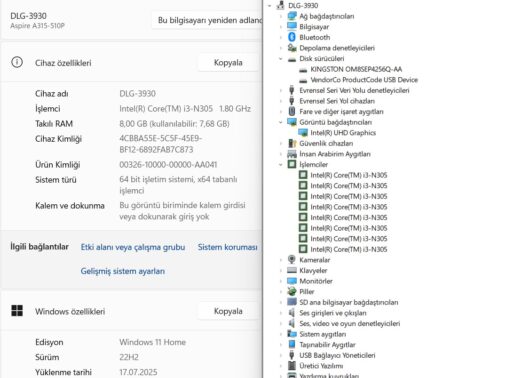 Acer Aspire 3 A315-510P-38X0 Intel Core i3-N305 8GB RAM 512GB SSD RTX3050 15.6” FHD NX.KDHEY.003 (İKİNCİ EL) - Görsel 5