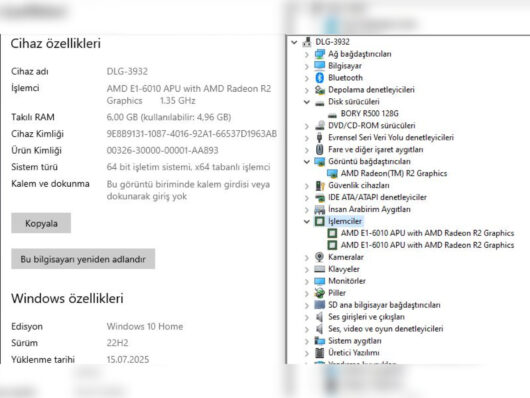 Lenovo G5045 AMD E1-6010 6GB RAM 128GB SSD 15.6” HD 80E300K4TX (İKİNCİ EL) - Görsel 5
