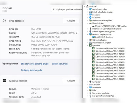 Lenovo IdeaPad Slim 3 15IAH8 Intel Core i5 12450H 16GB RAM 512GB SSD W11 15.6” FHD 83ER00FWTR (İKİNCİ EL) - Görsel 5